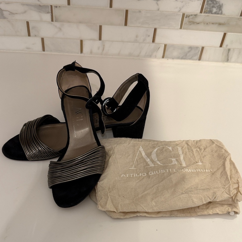 Black Suede Ankle Strap Heels with Metallic Pleated Front